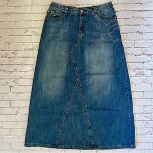 Blue Denim Maxi Skirt With Embroidered Detail